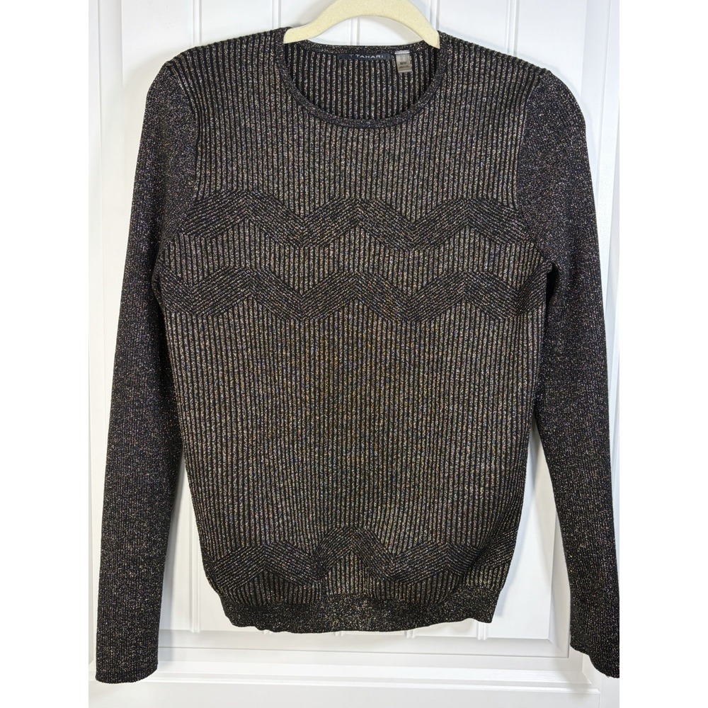 T Tahari Metallic Knit Sweater Women's Medium Black Gold Chevron Long Sleeve